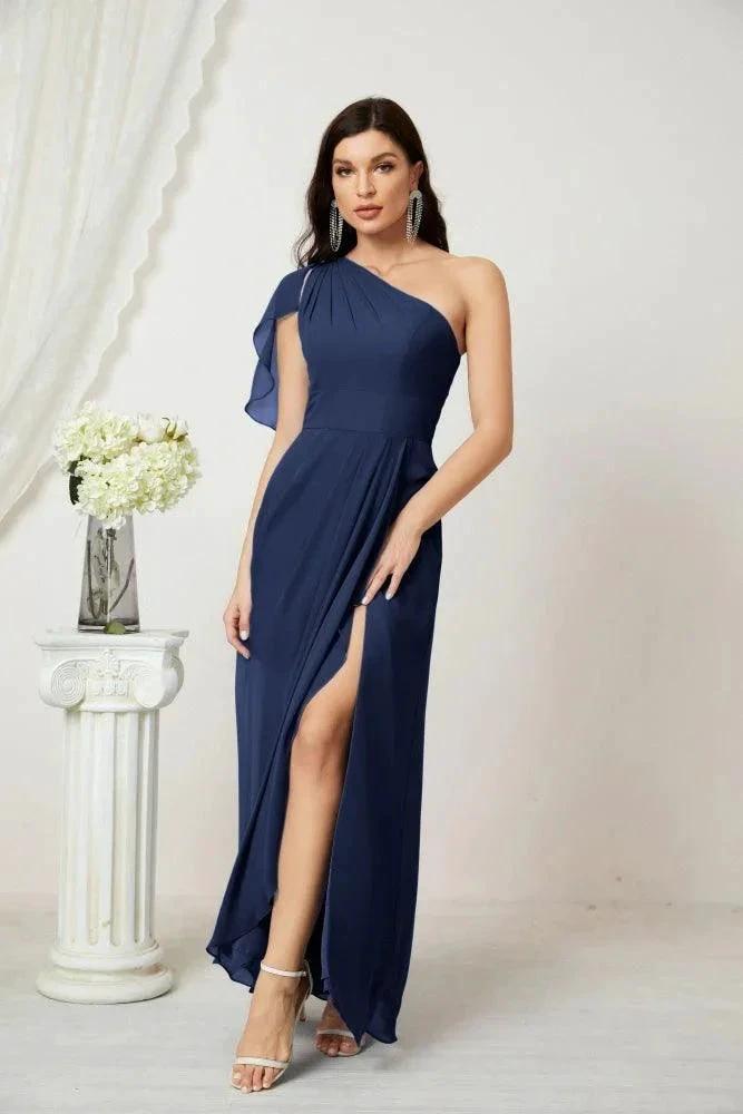 Numbersea Chiffon Ruffled One Shoulder Long Bridesmaid Dresses A-line Formal Evening Gown Side Split 2809 by numbersea