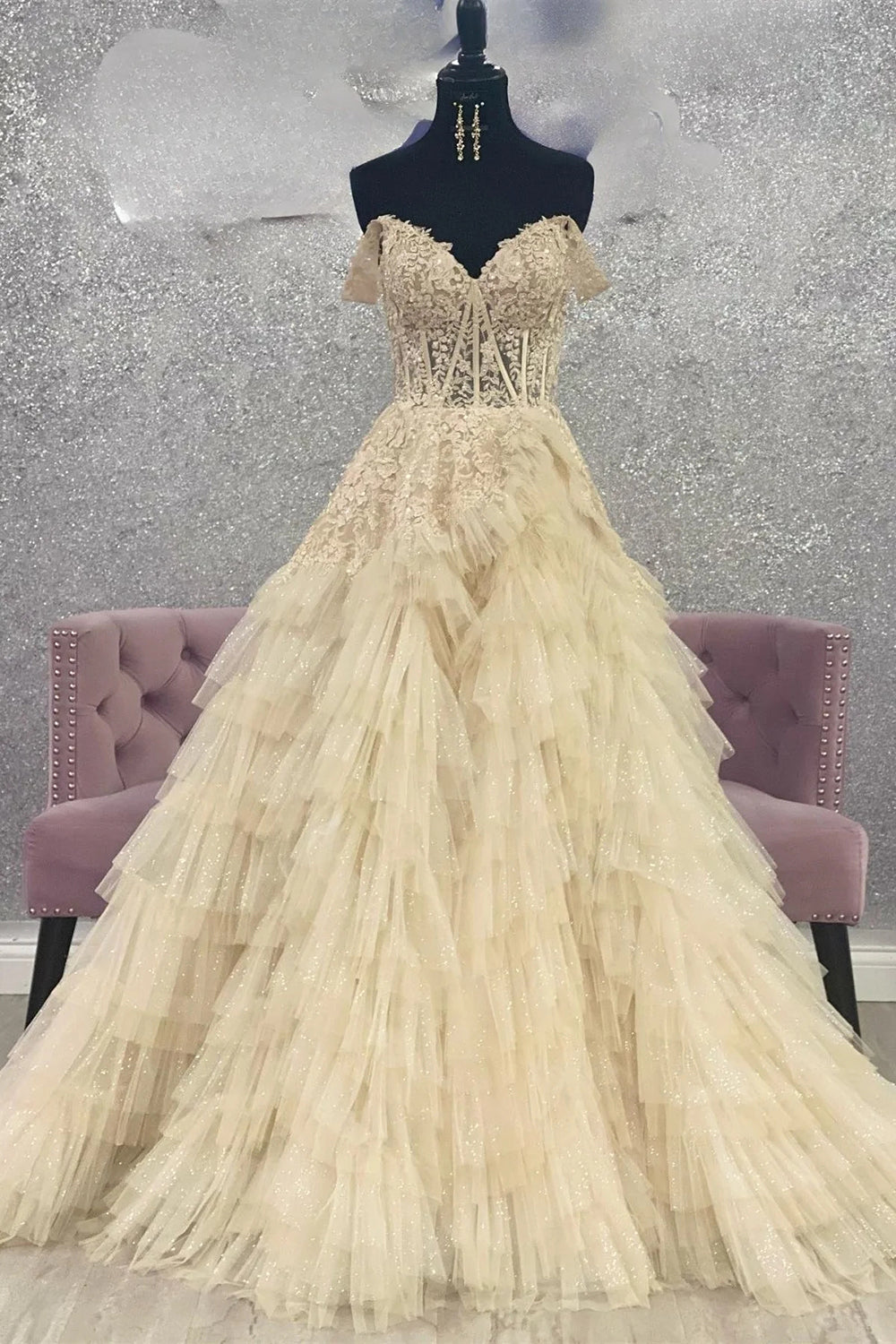 Princess A Line Off the Shoulder Light Blue Corset Prom Dress with Appliques