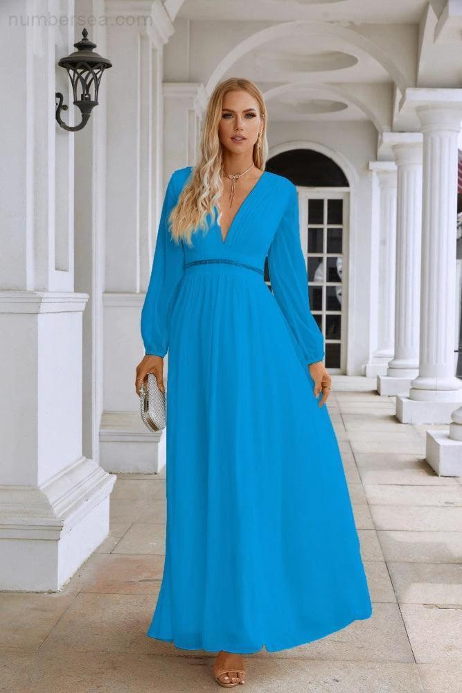 Ladies V Neck Chiffon Long Sleeve Front Slit Bridesmaid Evening Dress Wedding Party Shopping Evening Dress 28109 (ZD16991)