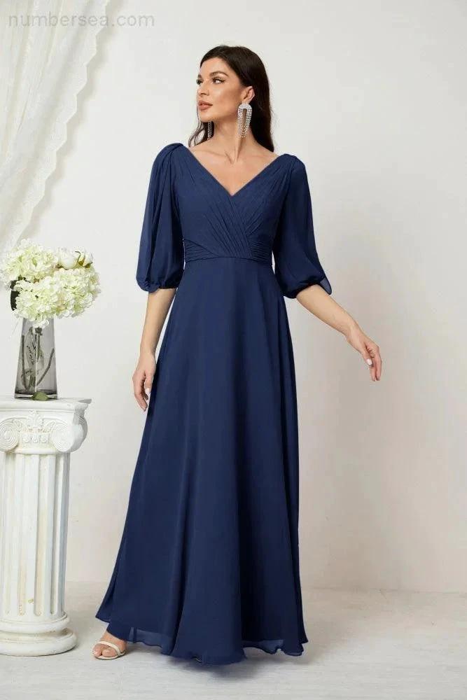 ZapDress Formal Prom Gown Women V-Neck Chiffon Bridesmaid Dresses Long Bishop Sleeve Party Dress 2807 (ZD17027)