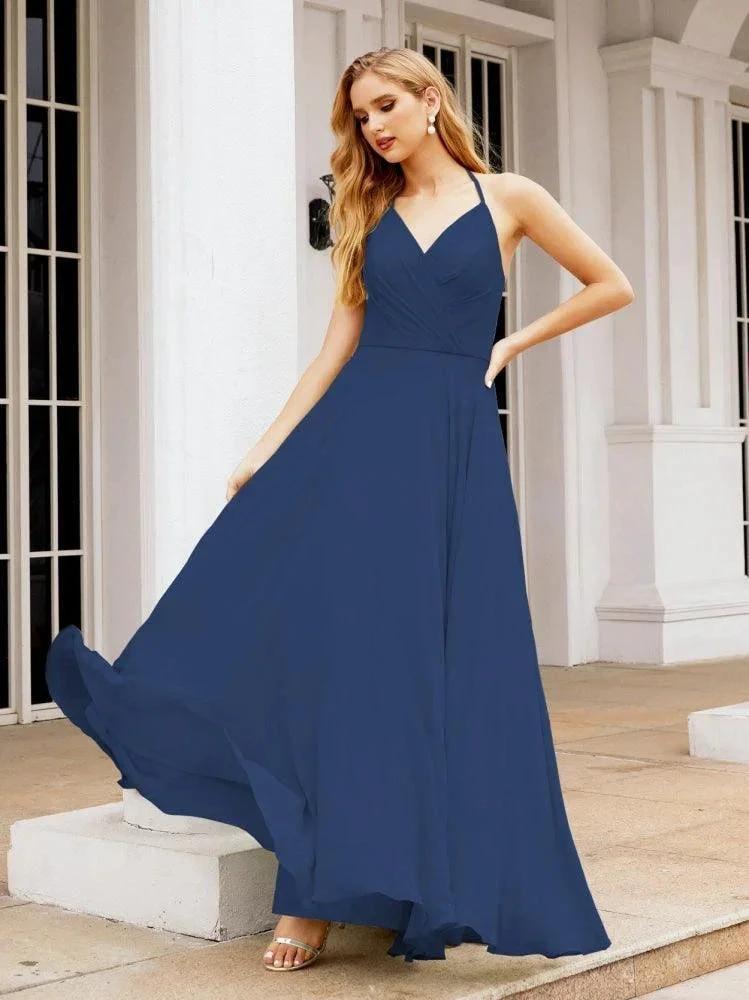 Numbersea Halter Chiffon Bridesmaid Dresses Wedding Appare Sleeveless Formal Prom Dress with Ruffled Back 28035 by numbersea
