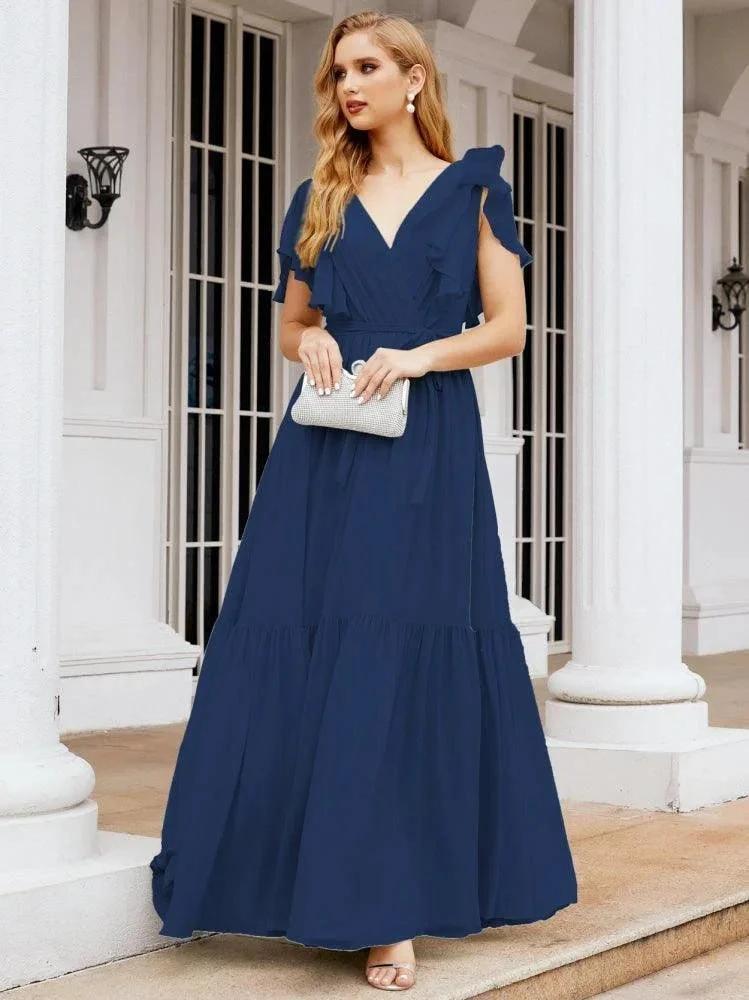 Numbersea Women's Open Back Formal Evening Party Prom Gowns V-Neck Long Chiffon Bridesmaid Dresses with Waist Belt 28038 by numbersea