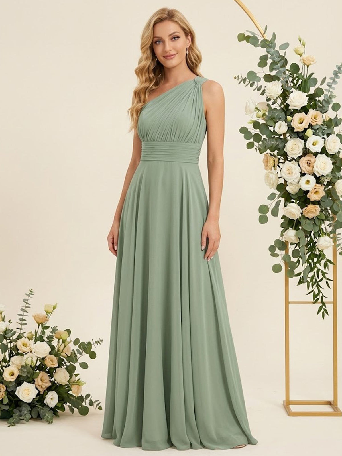 One-Shoulder Pleat A-Line Chiffon Long Bridesmaid Dresses - FashionDia