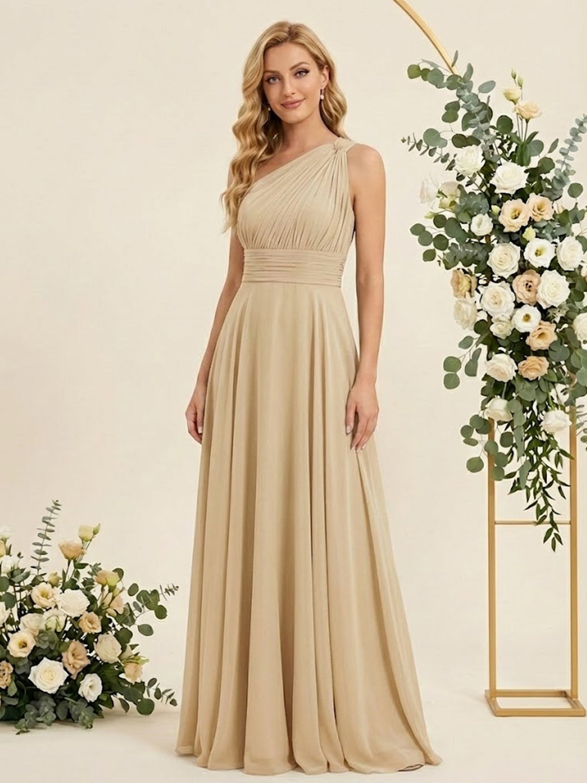 One-Shoulder Pleat A-Line Chiffon Long Bridesmaid Dresses - View 3 | FashionDia
