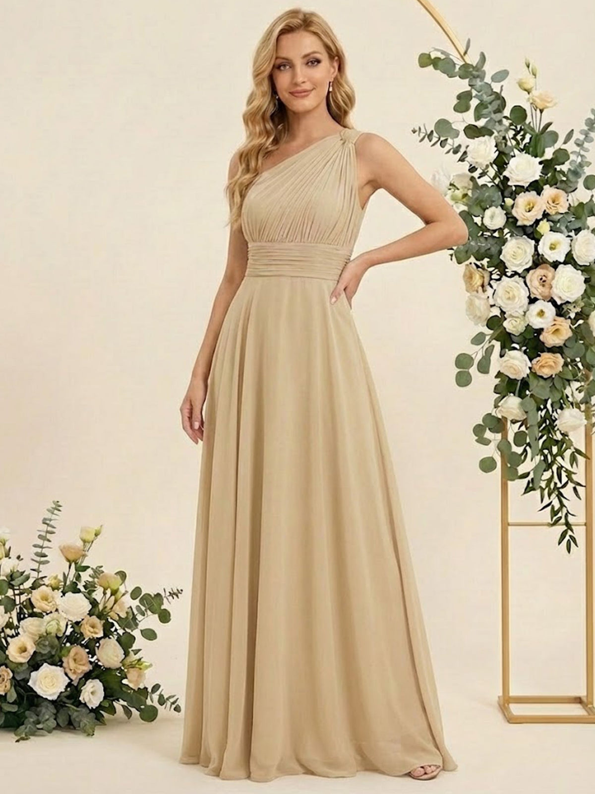 One-Shoulder Pleat A-Line Chiffon Long Bridesmaid Dresses - View 4 | FashionDia