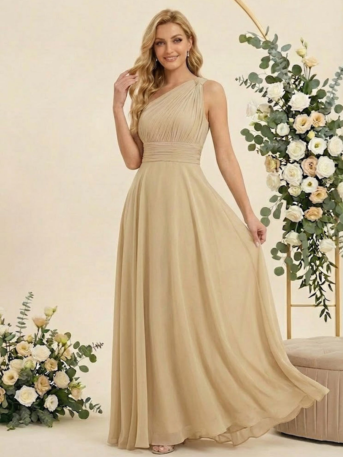 One-Shoulder Pleat A-Line Chiffon Long Bridesmaid Dresses - View 5 | FashionDia