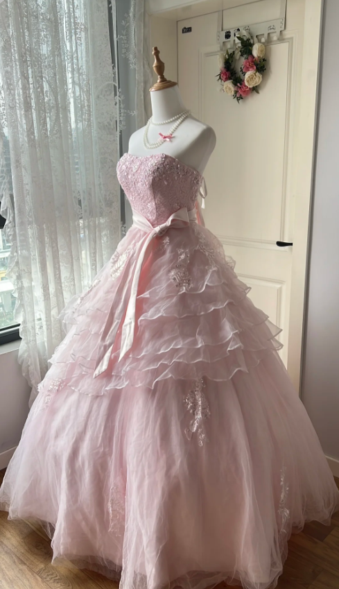 Princess Pink Strapless Tulle Ball Gown Evening Dress