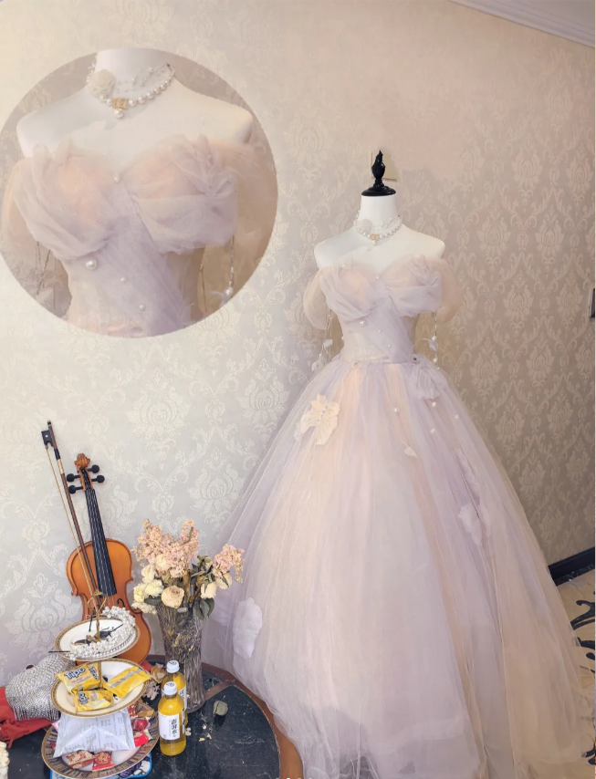 Dreamy Light Pink Off-shoulder Tulle Floor-Length Ball Gown Evening Dress - View 2 | FashionDia