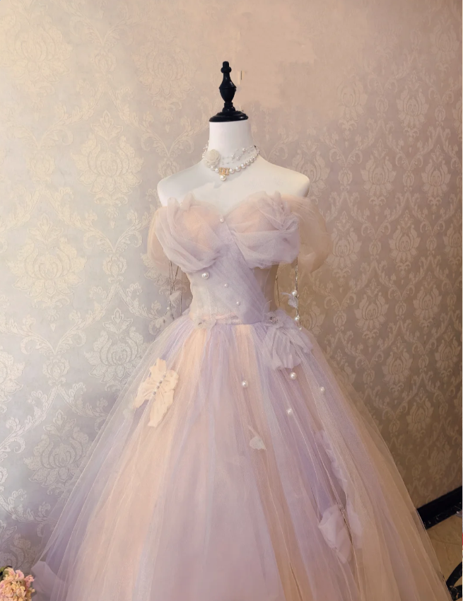 Dreamy Light Pink Off-shoulder Tulle Floor-Length Ball Gown Evening Dress - View 3 | FashionDia