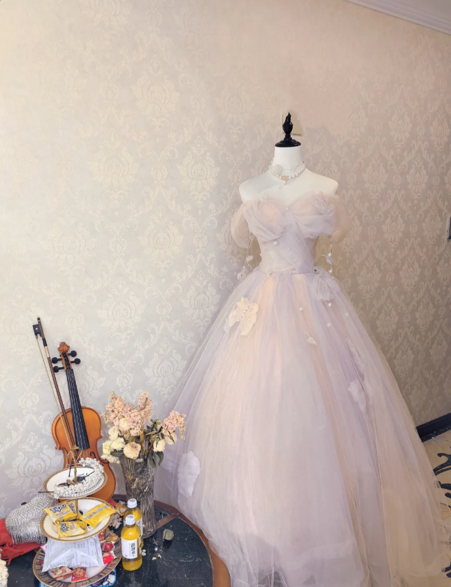 Dreamy Light Pink Off-shoulder Tulle Floor-Length Ball Gown Evening Dress - View 4 | FashionDia