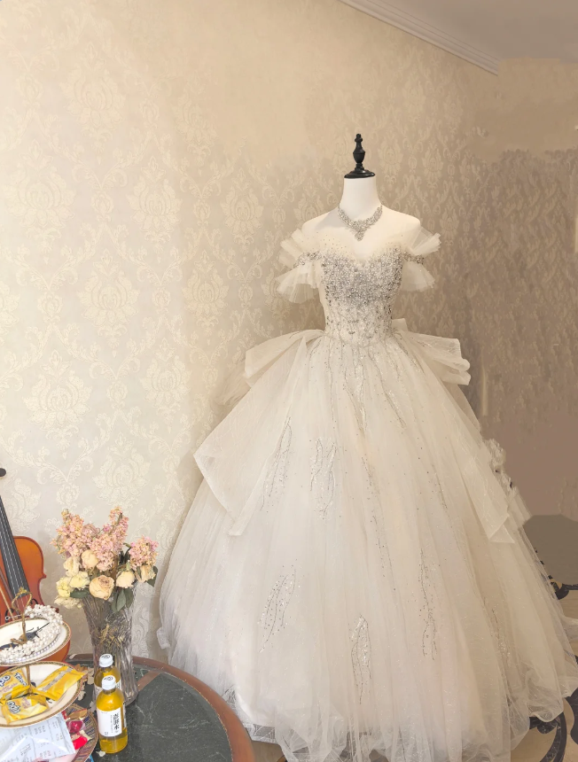 Princess White Off-the-shoulder Tulle Floor-Length Ball Gown Evening Dress