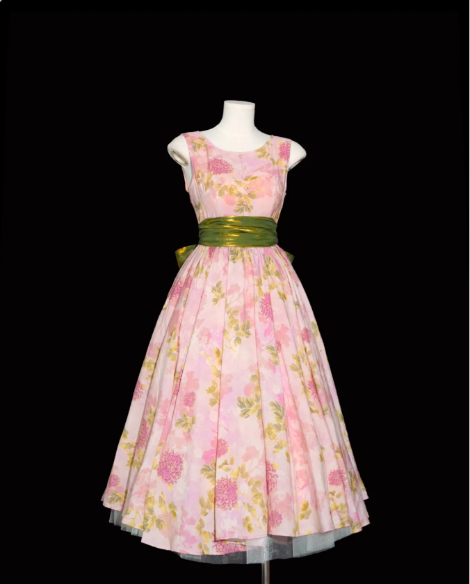 Retro Pink Floral Print A-line Round Neck Bow Waist-Cinching Long Prom Dress