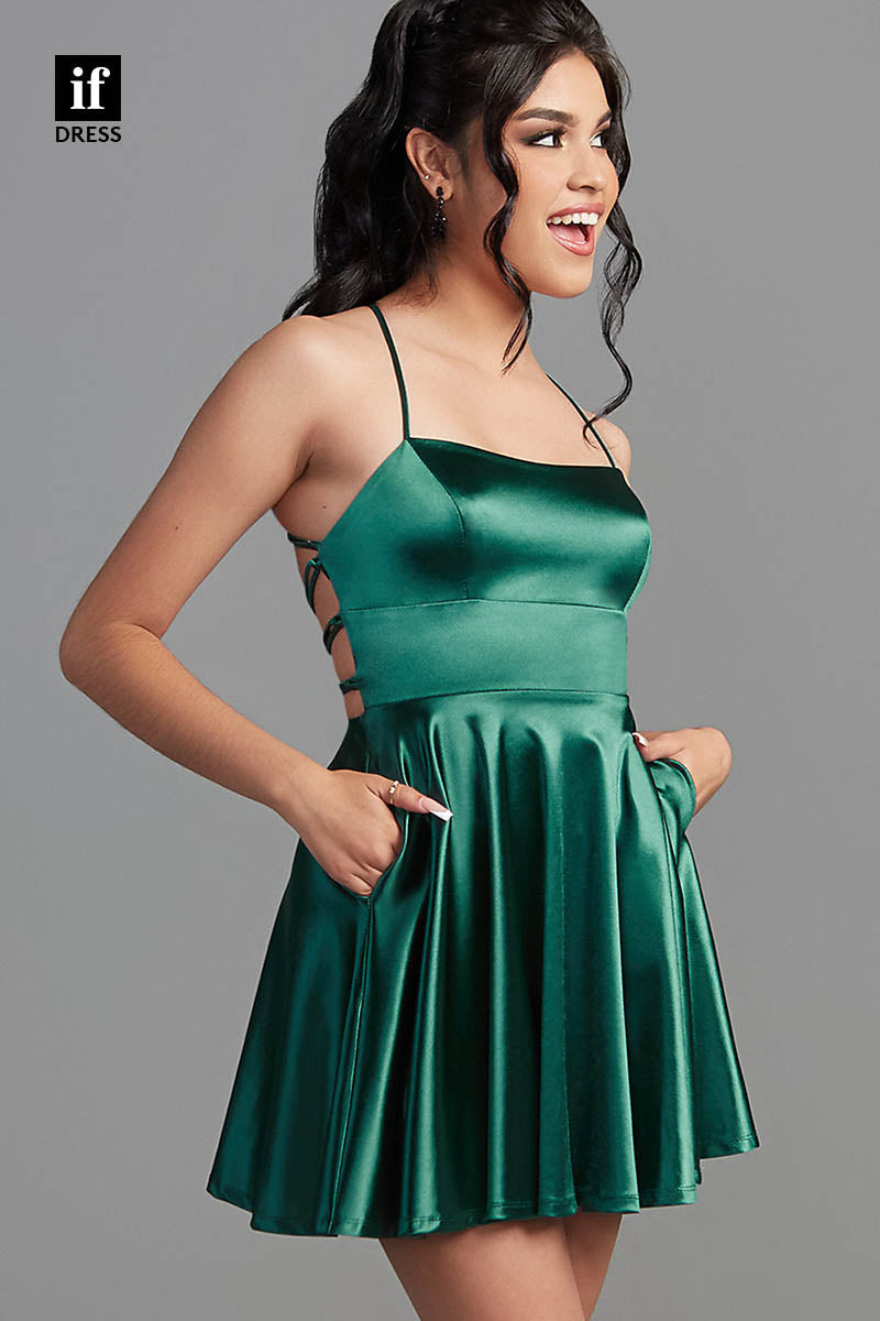 F1352 - Chic A-Line Scoop Ruched Satin Mini Party Homecoming Graduation Dress