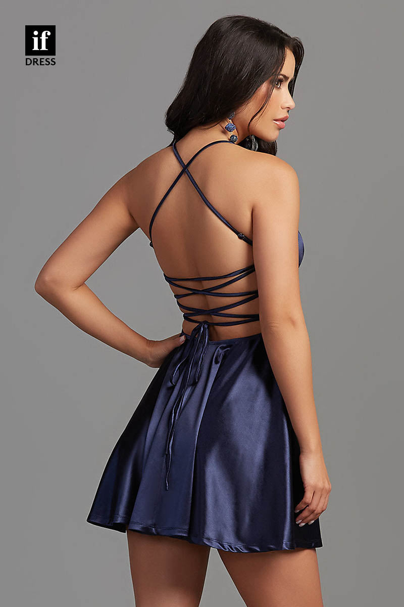F1352 - Chic A-Line Scoop Ruched Satin Mini Party Homecoming Graduation Dress