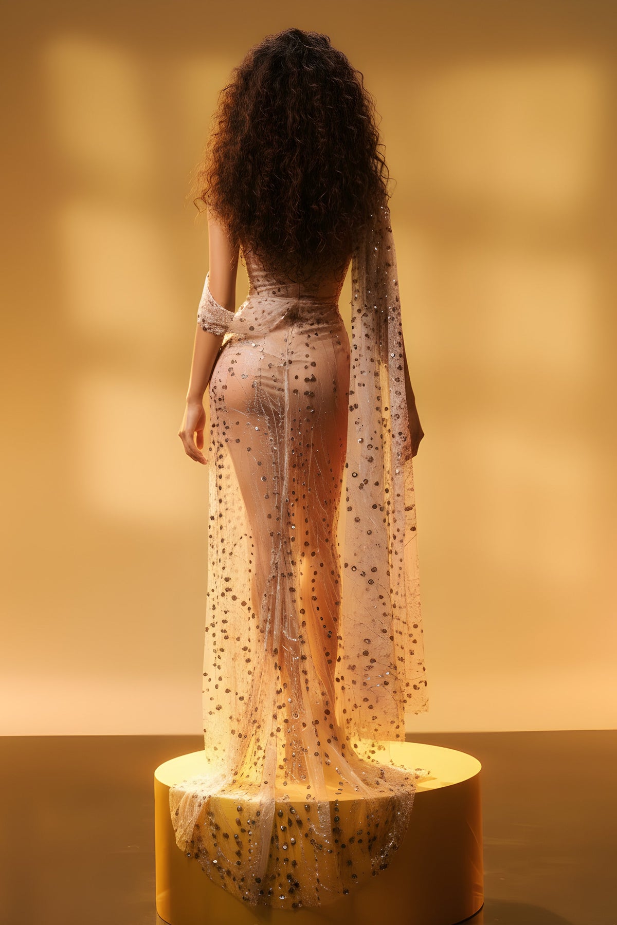 Sheer Sequin Embellished Gown with Dramatic Draped Cape - View 2 | FashionDia
