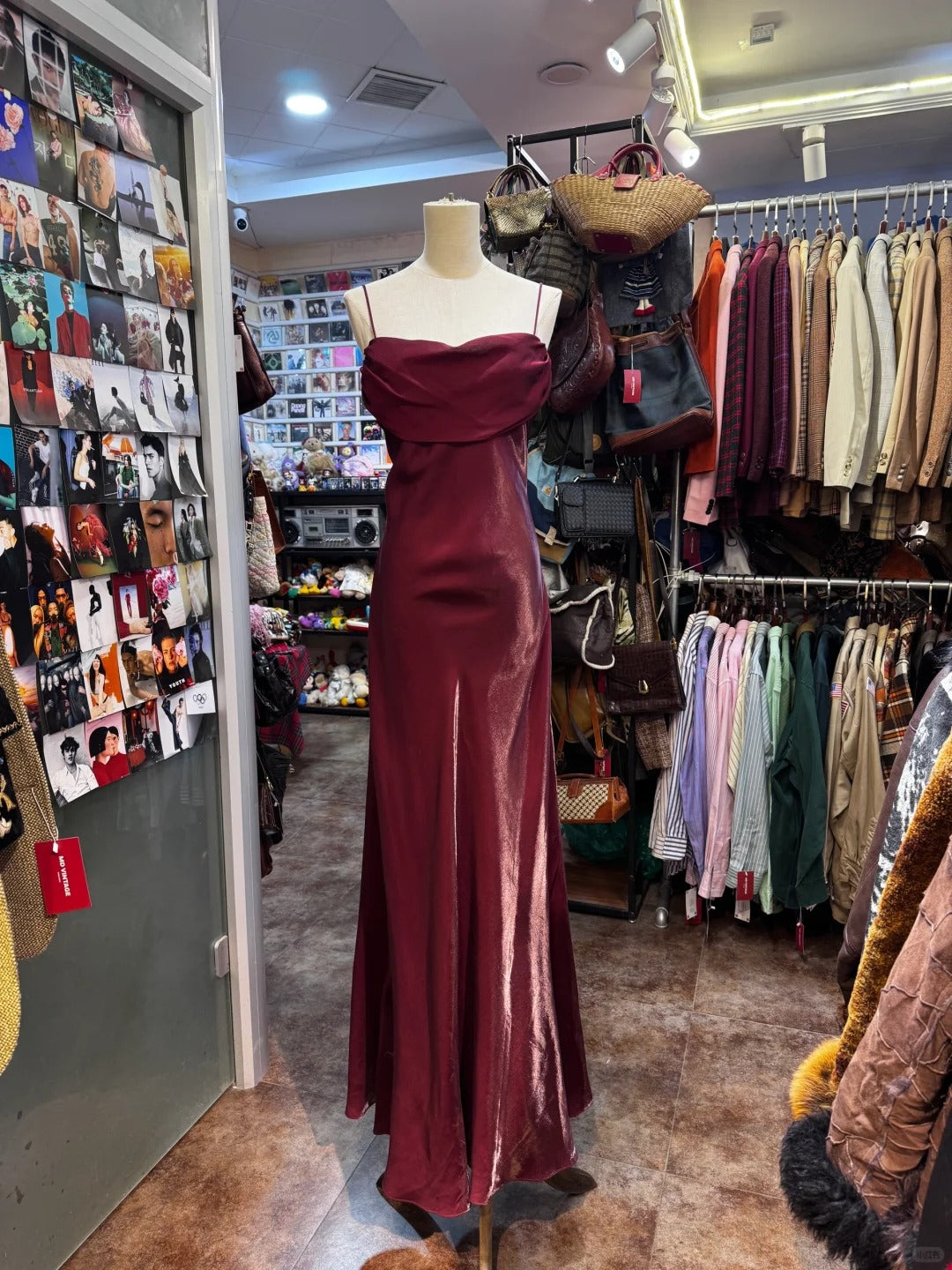 Vintage Burgundy Spaghetti Strap Halter Neck Satin Long Prom Dress Evening Dress