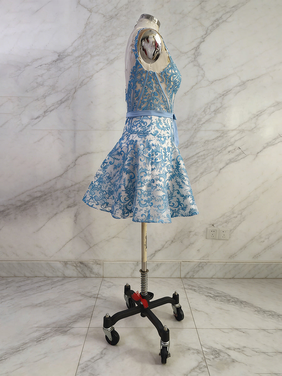 Blue Print A-Line Floral Corset Short Homecoming Dress With Bow - View 6 | FashionDia