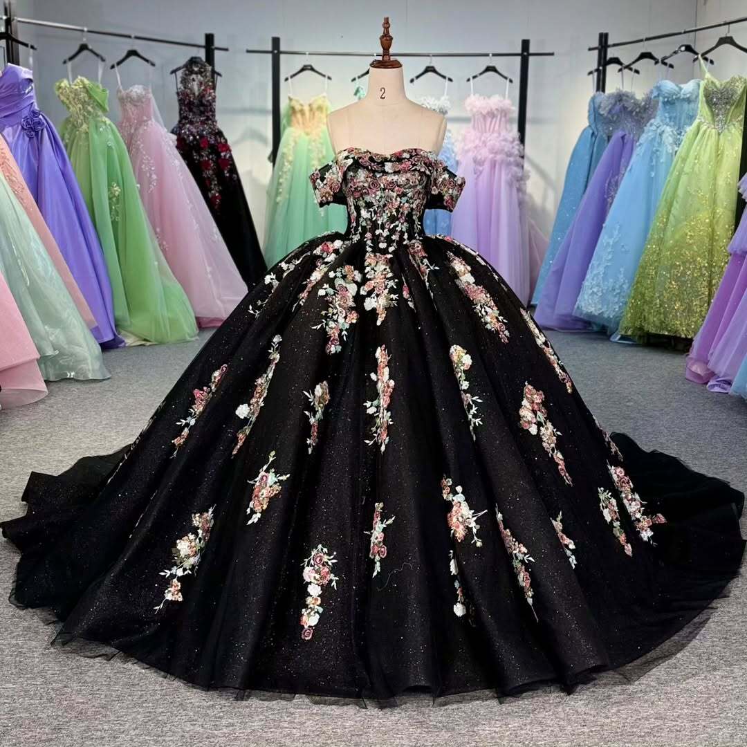 Charming A Line Off the Shoulder Black Ball Gown Quinceanera Dress with Appliques