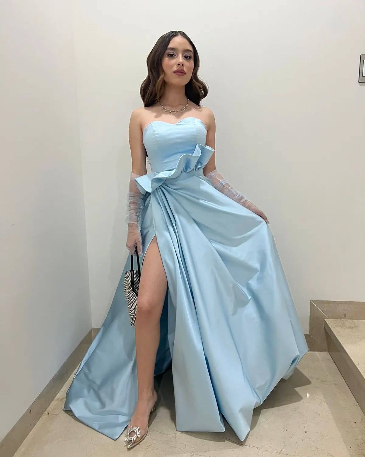 Charming A Line Sweetheart Light Blue Long Prom Dress with Split Front