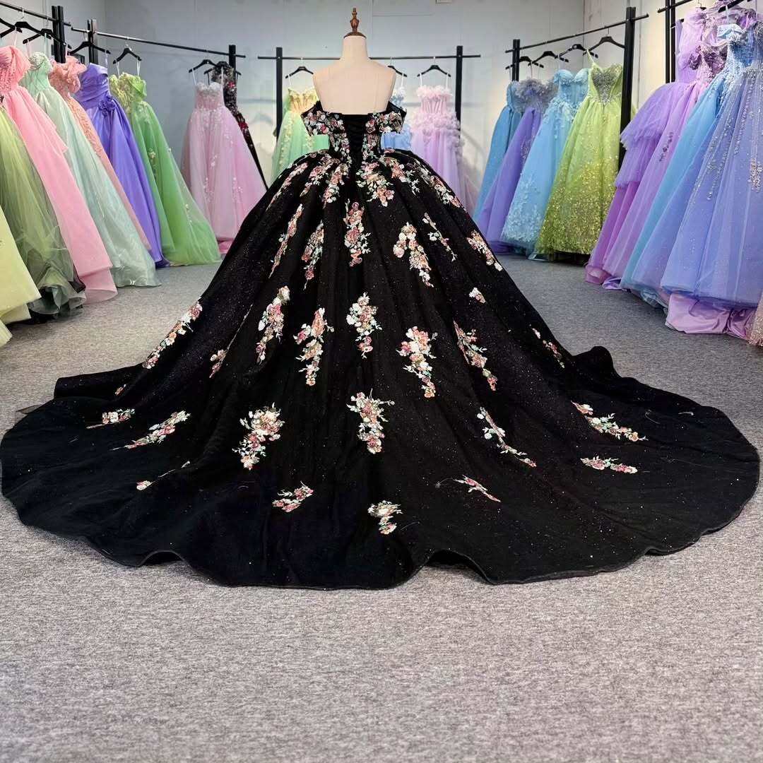 Charming A Line Off the Shoulder Black Ball Gown Quinceanera Dress with Appliques