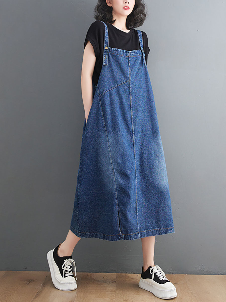 Women Summer Casual Washed Spliced Denim Overall Dress
