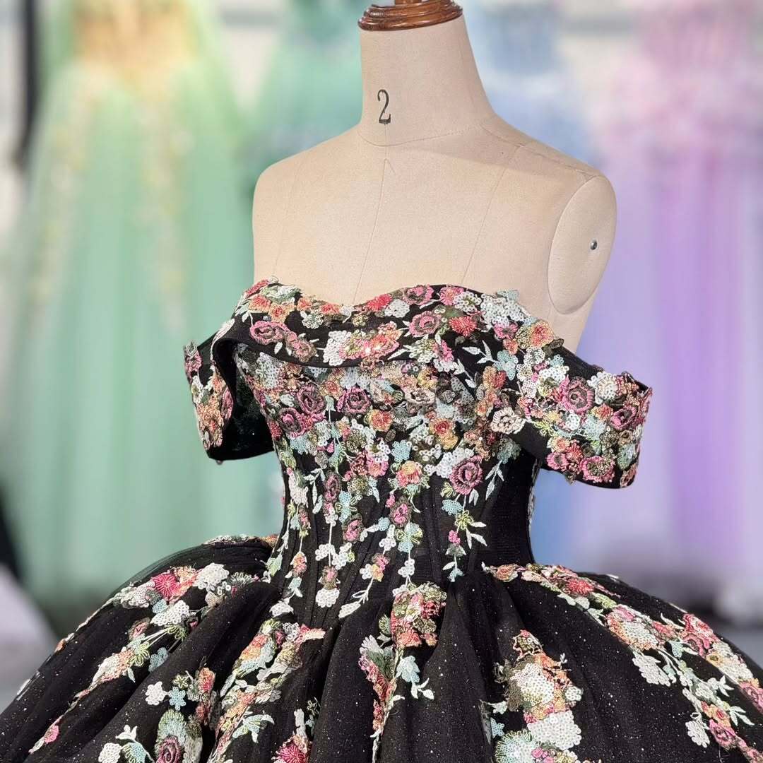 Charming A Line Off the Shoulder Black Ball Gown Quinceanera Dress with Appliques