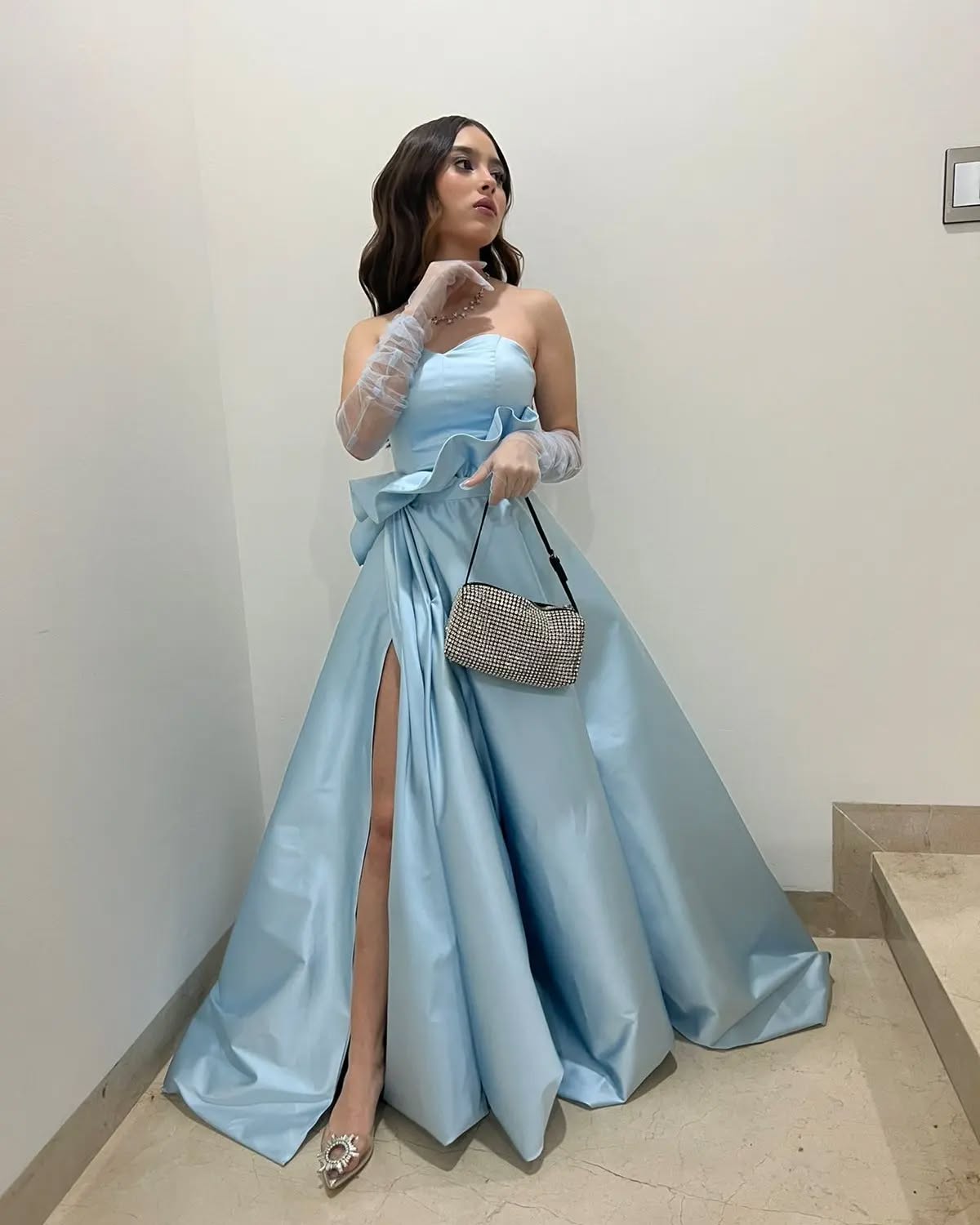 Charming A Line Sweetheart Light Blue Long Prom Dress with Split Front