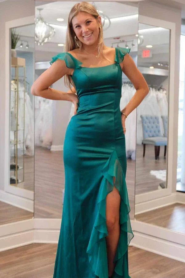 Charming Mermaid Square Neck Green Long Prom Dress with Ruffles - FashionDia