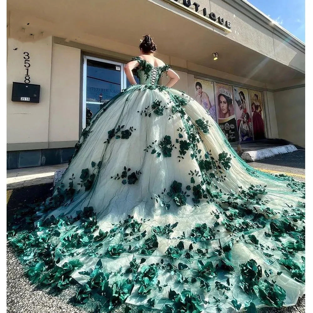 Green Quinceanera Dresses Off Shouder Beads Appliques Ball Gown Sweet 16 Dress - View 3 | FashionDia