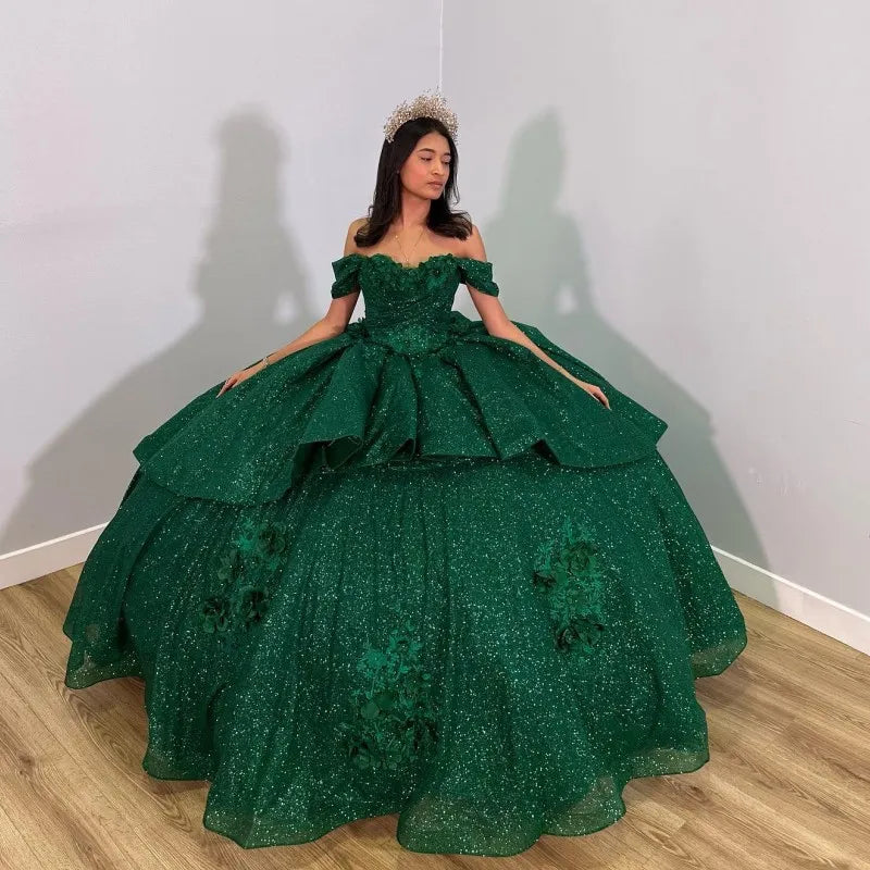 Emerald Green Shiny Handmade 3D Flowers Beading Quinceanera Dresses Ball Gown Off-the-Shoulder Sweet 16 Dress - View 3 | FashionDia
