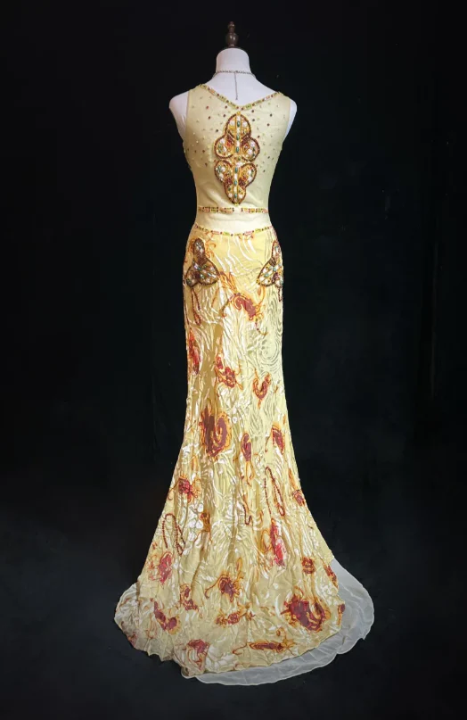 Gorgeous Yellow Spaghetti Straps Satin Beaded Mermaid Party Dress Long Prom Gown - View 3 | FashionDia