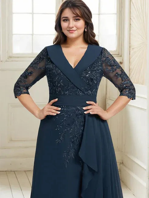 A-line Collared V-Neck Floor-Length Lace Chiffon Mother of the Bride Dress With Sequins Cascading Ruffles - View 13 | FashionDia