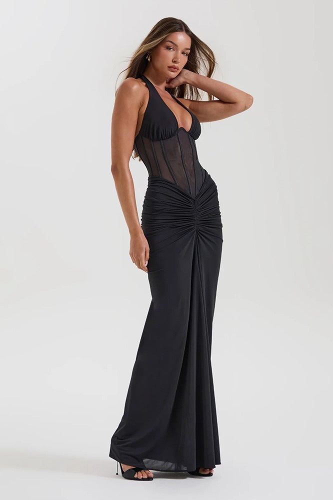 Halter Mesh Panel Dress with Relaxed Fit and Smart Casual Fashion