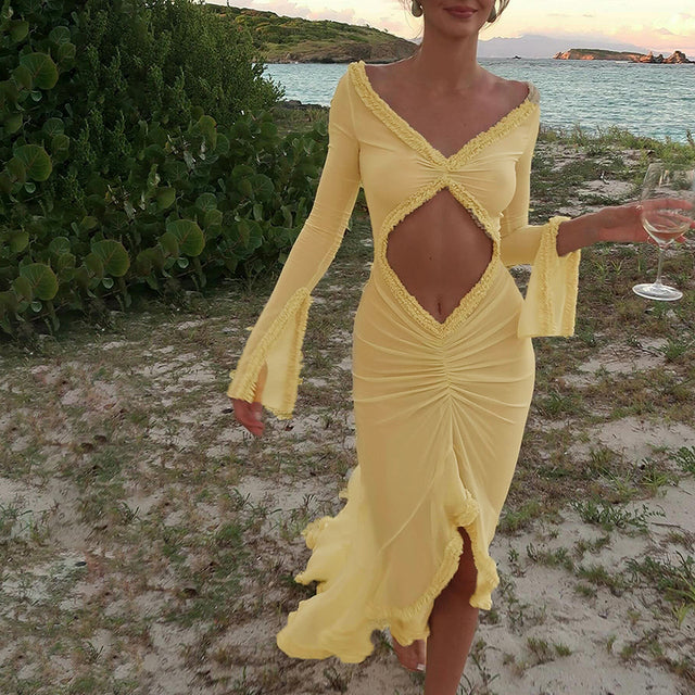 2024 Spring Solid Color Long Sleeve Mesh See Through Low Cut Sexy Floor Tassel Evening Dress - View 2 | VelvetHem