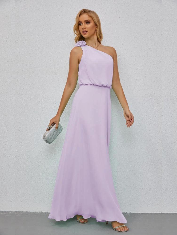 Ruffled One Shoulder Sleeveless Long Bridesmaid Dresses A-line Formal Evening Gown Side Split 28080 by numbersea