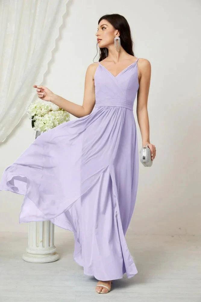 Numbersea Chiffon V-Neck Bridesmaid Dress Spaghetti Strap Long Formal Party Prom Gowns with Slit 28010 by numbersea