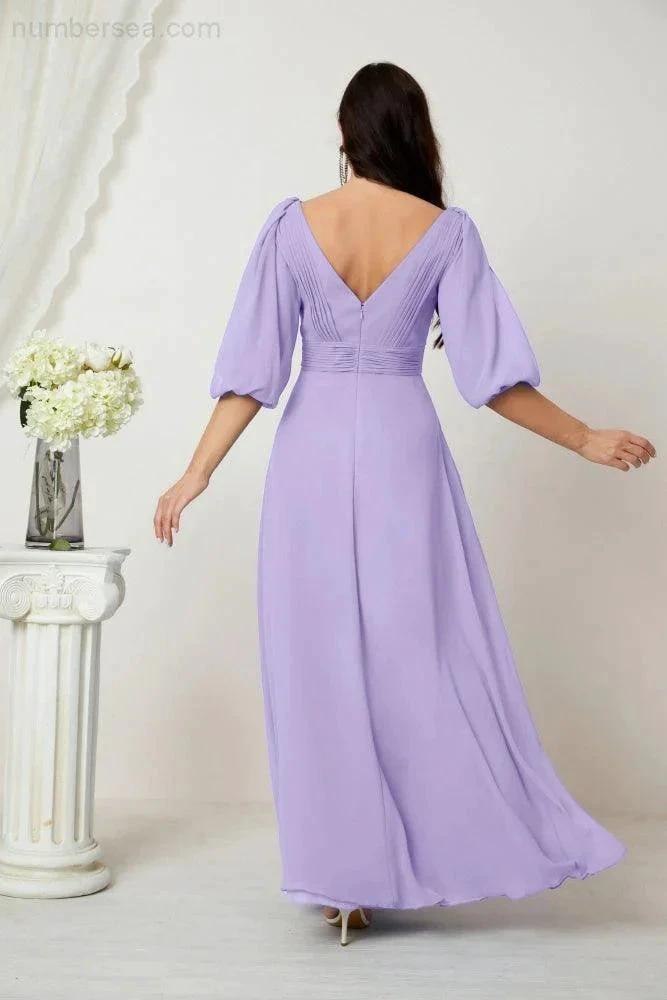 ZapDress Formal Prom Gown Women V-Neck Chiffon Bridesmaid Dresses Long Bishop Sleeve Party Dress 2807 (ZD17027)