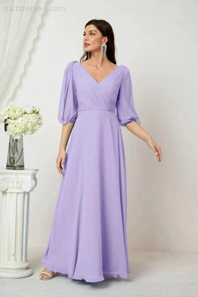 ZapDress Formal Prom Gown Women V-Neck Chiffon Bridesmaid Dresses Long Bishop Sleeve Party Dress 2807 (ZD17027)