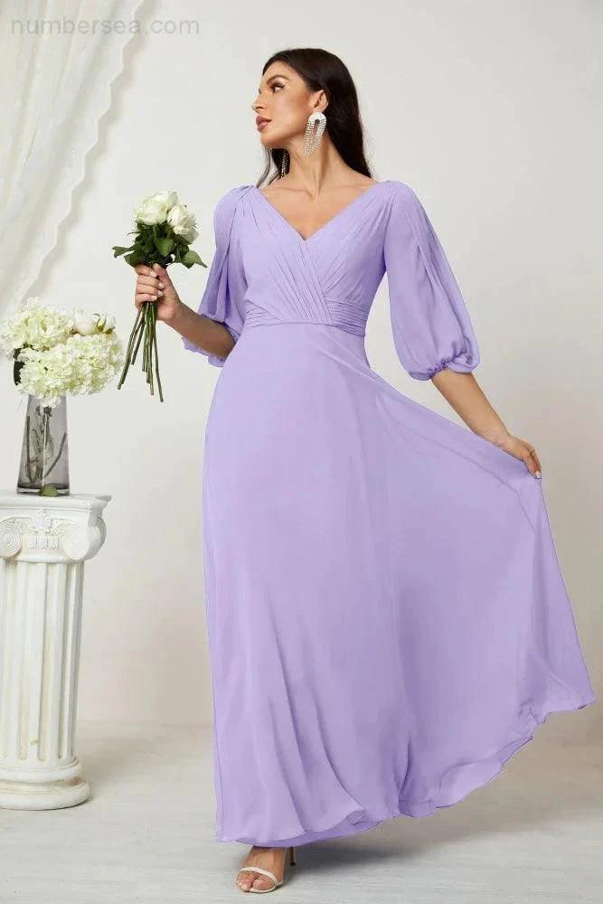 ZapDress Formal Prom Gown Women V-Neck Chiffon Bridesmaid Dresses Long Bishop Sleeve Party Dress 2807 (ZD17027)
