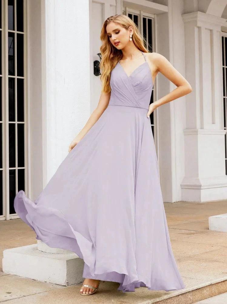 Numbersea Halter Chiffon Bridesmaid Dresses Wedding Appare Sleeveless Formal Prom Dress with Ruffled Back 28035 by numbersea