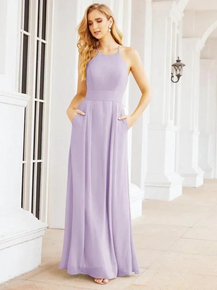Numbersea Halter Bridesmaid Dresses with Pockets Sleeveless Formal Evening Party Prom Gowns 28055 by numbersea