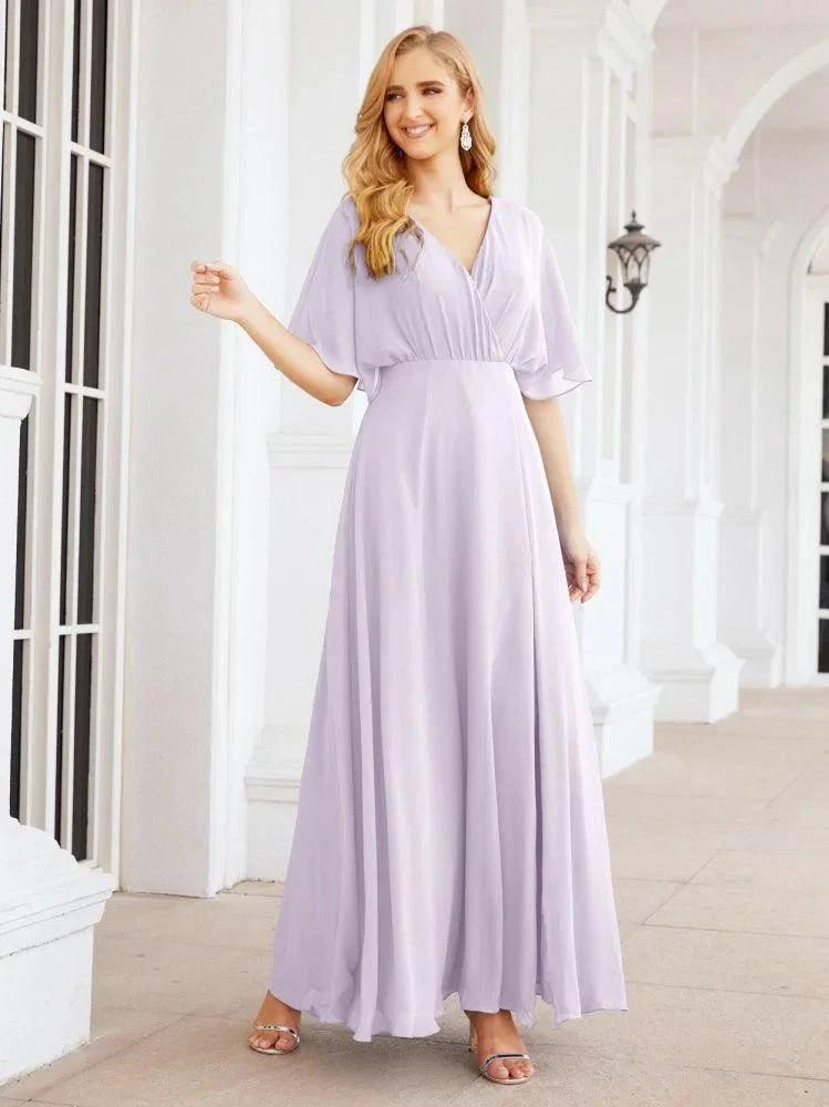 Numbersea V-Neck Bridesmaid Dress Chiffon Long Open Back Formal Dresses for Women Party Evening 28067 by numbersea