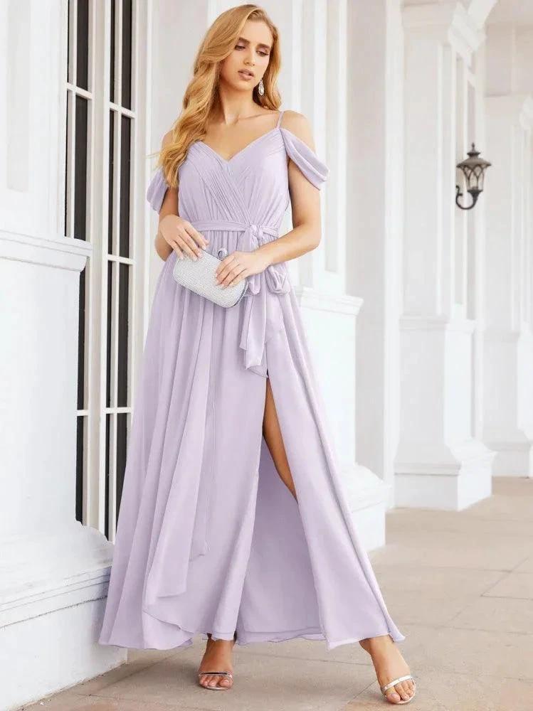 Numbersea Off The Shoulder Chiffon Bridesmaid Dress Long Formal Graduation Gown with Cowl Back 28069 by numbersea