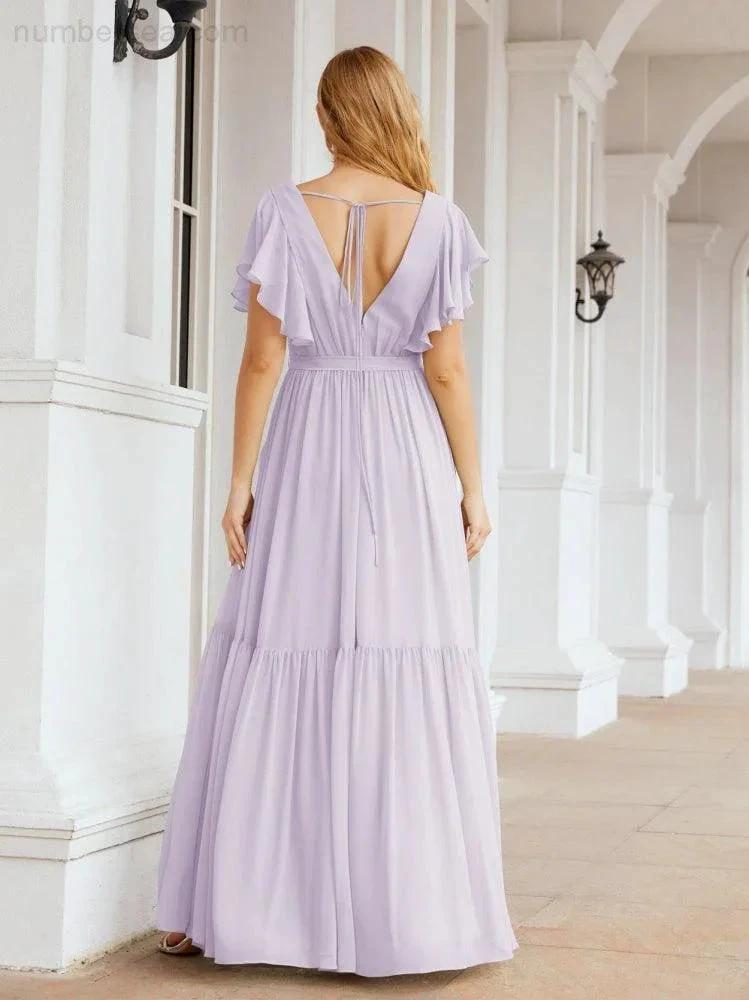 ZapDress Women's Open Back Formal Evening Party Prom Gowns V-Neck Long Chiffon Bridesmaid Dresses with Waist Belt 28038 (ZD17000)