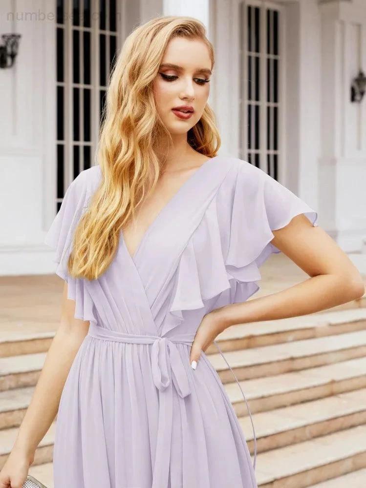 ZapDress Women's Open Back Formal Evening Party Prom Gowns V-Neck Long Chiffon Bridesmaid Dresses with Waist Belt 28038 (ZD17000)