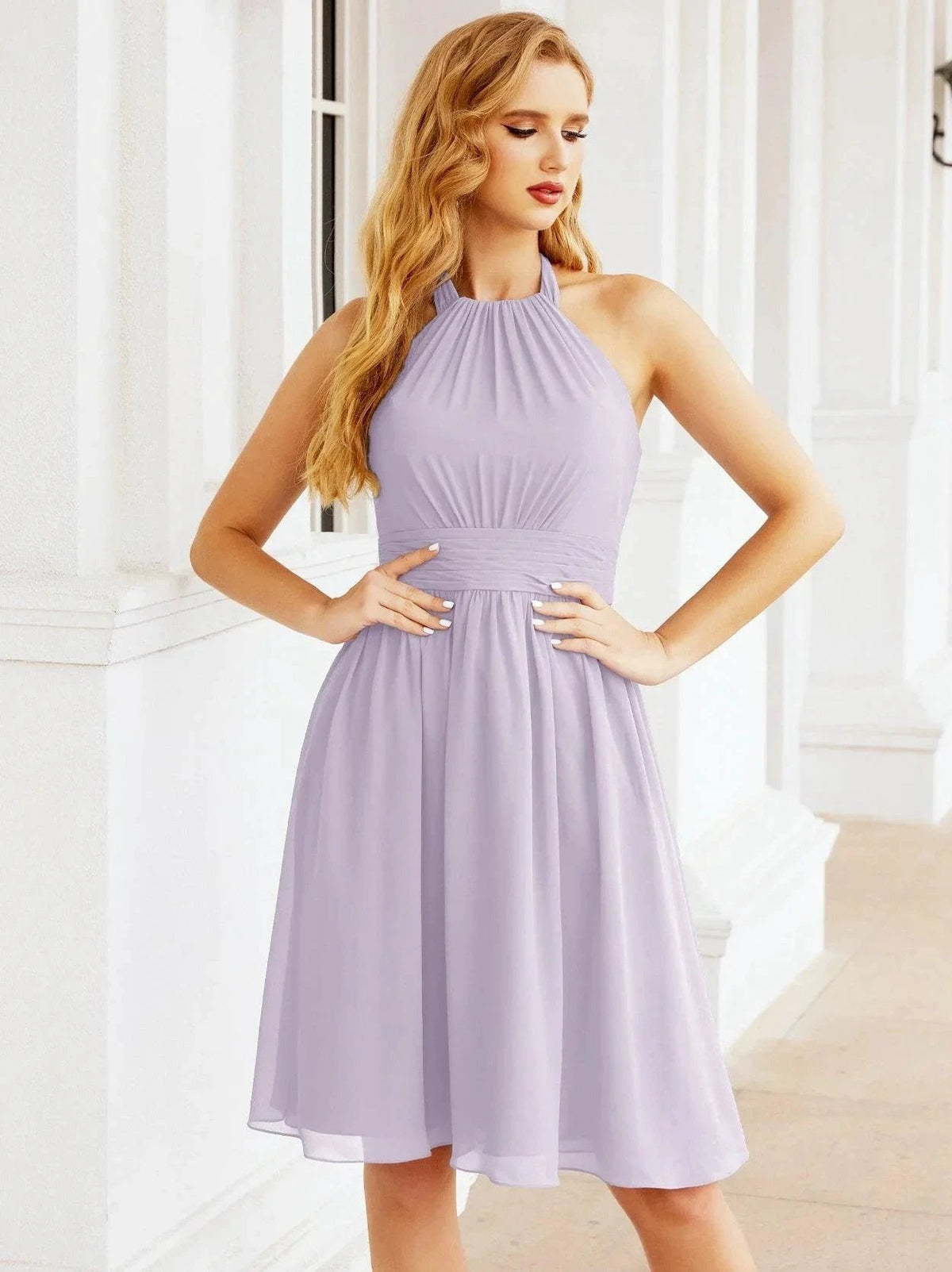 ZapDress Halter Chiffon Bridesmaid Dresses Short Sleeveless Formal Party Dress Open Back 28023 (ZD16957)