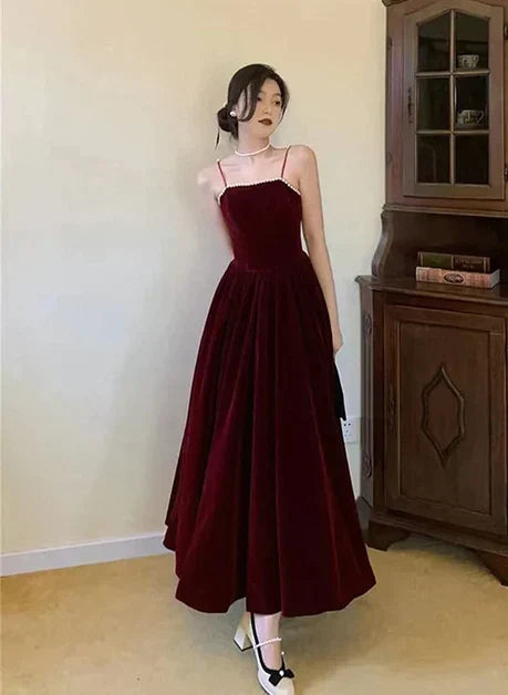 Spaghetti Straps Burgundy Velvet Prom Dress Simple Prom Dress Party Dress - View 8 | FashionDia