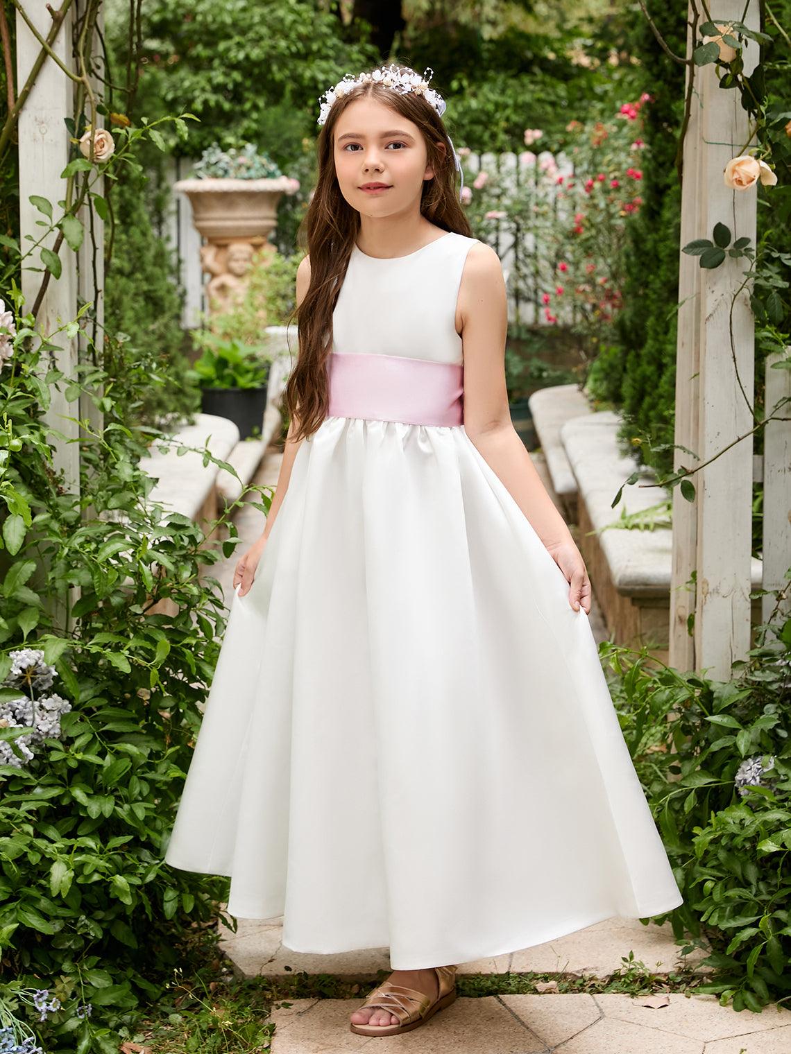 Ivory Satin Flower Girl Ball Gown with Sash Bow | Ankle-Length Tulle Dress (010007314) - View 4 | VelvetHem