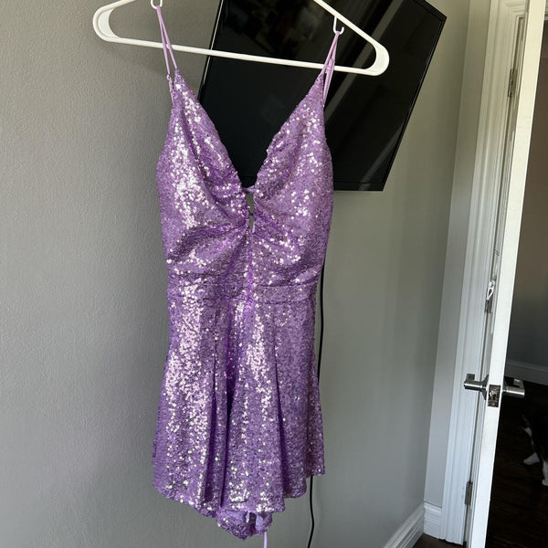 Lilac Sequin V Neck Short Party Dress Homecoming Dress J8121