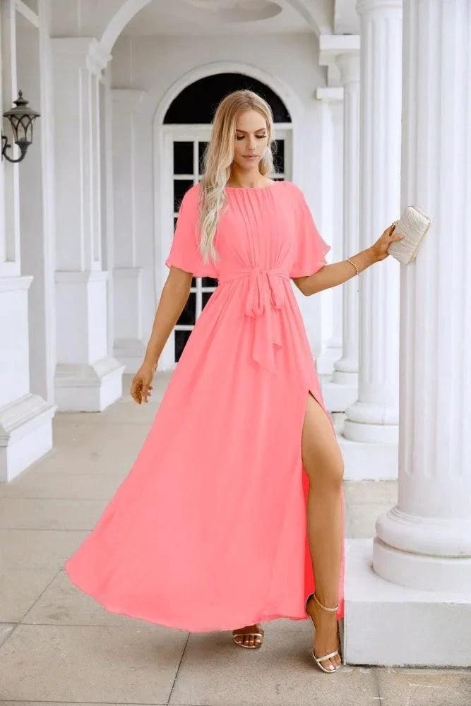 Ladies Chiffon Sleeve Crew Neck Front Slit Floor Length Bridesmaid Evening Dress Wedding Party Evening Dress 28124 by numbersea